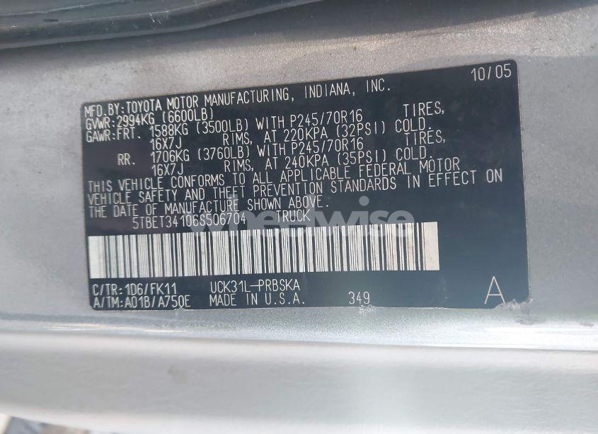 Photo 9 of 2006 Toyota Tundra SR5 V8 (VIN 5TBET34106S506704)
