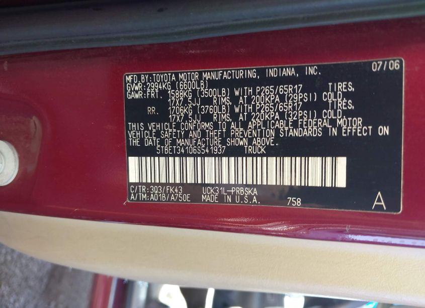 Photo 9 of 2006 Toyota Tundra SR5 V8 (VIN 5TBET34106S541937)