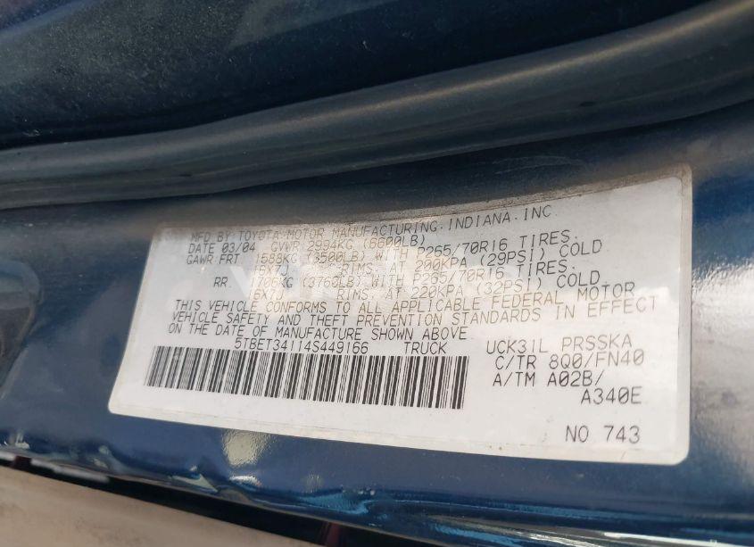 Photo 9 of 2004 Toyota Tundra SR5 V8 (VIN 5TBET34114S449166)