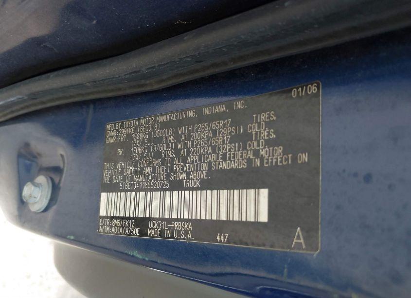 Photo 9 of 2006 Toyota Tundra SR5 V8 (VIN 5TBET34116S520725)