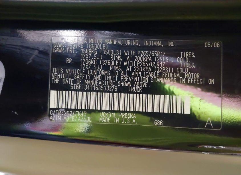 Photo 9 of 2006 Toyota Tundra SR5 V8 (VIN 5TBET34116S533278)