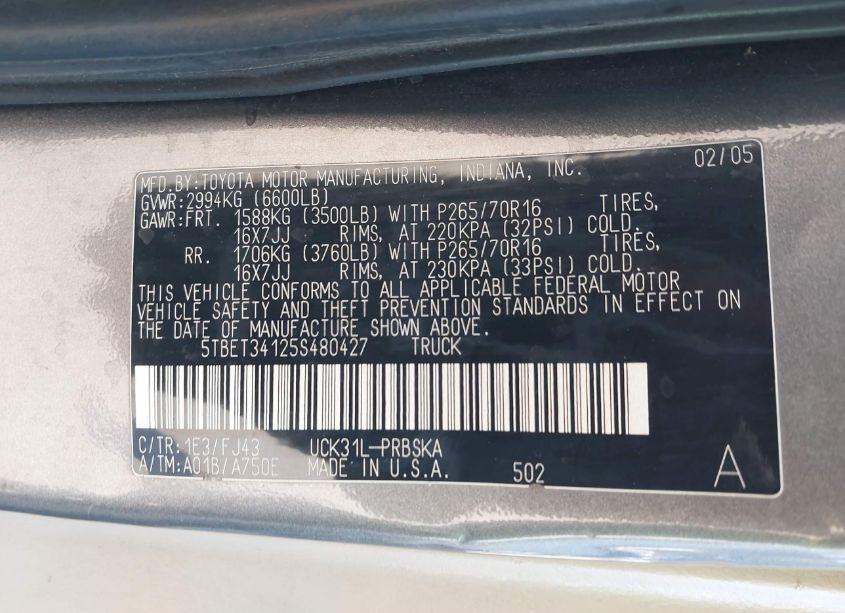Photo 9 of 2005 Toyota Tundra SR5 V8 (VIN 5TBET34125S480427)