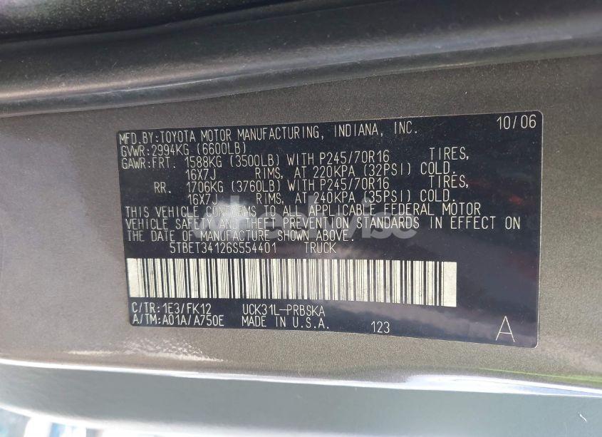 Photo 9 of 2006 Toyota Tundra SR5 V8 (VIN 5TBET34126S554401)