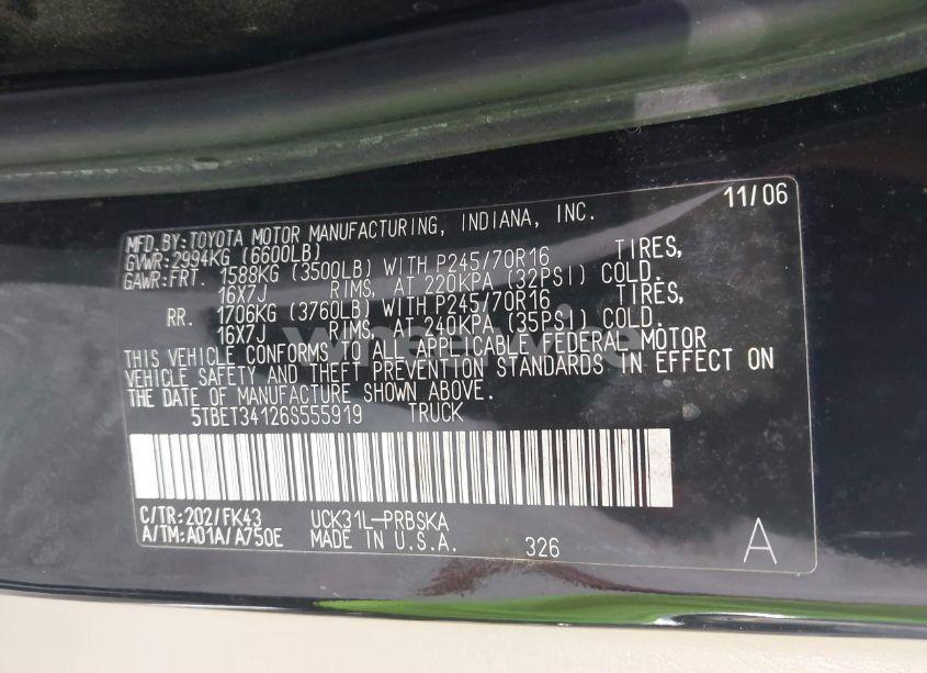 Photo 9 of 2006 Toyota Tundra SR5 V8 (VIN 5TBET34126S555919)