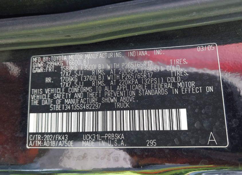 Photo 9 of 2005 Toyota Tundra SR5 V8 (VIN 5TBET34135S482297)