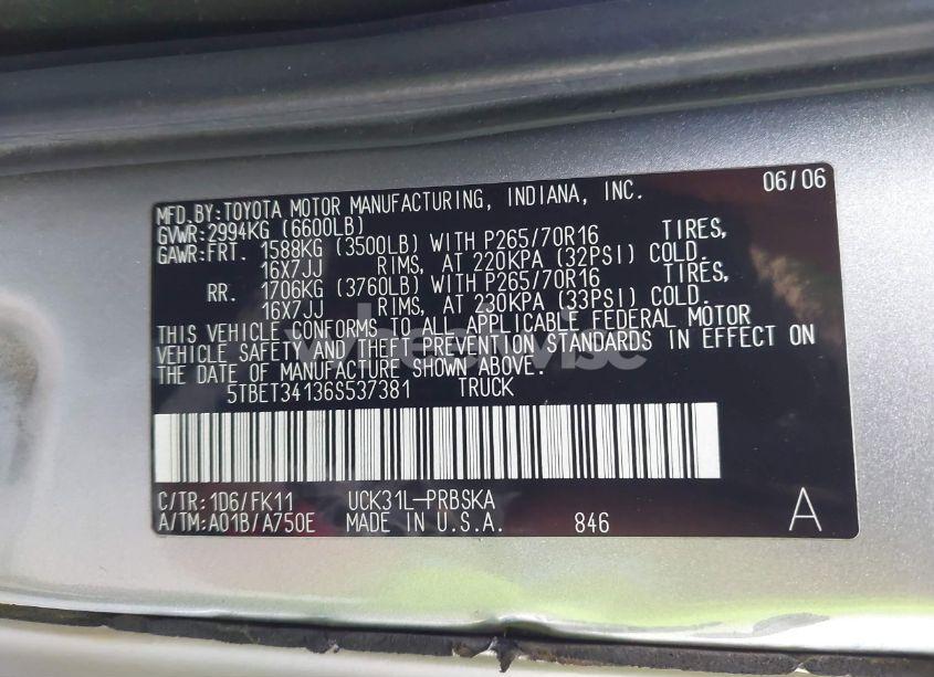 Photo 9 of 2006 Toyota Tundra SR5 V8 (VIN 5TBET34136S537381)