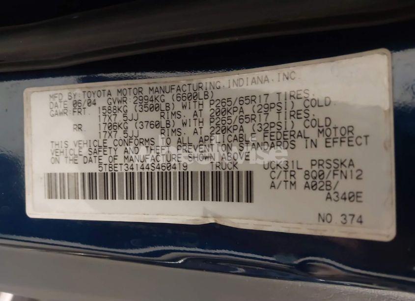 Photo 9 of 2004 Toyota Tundra SR5 V8 (VIN 5TBET34144S460419)