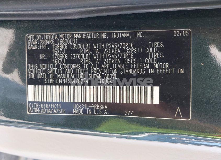 Photo 9 of 2005 Toyota Tundra SR5 V8 (VIN 5TBET34145S478274)