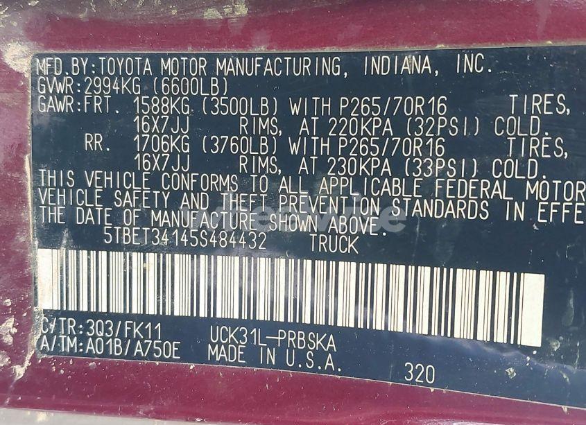 Photo 9 of 2005 Toyota Tundra SR5 V8 (VIN 5TBET34145S484432)