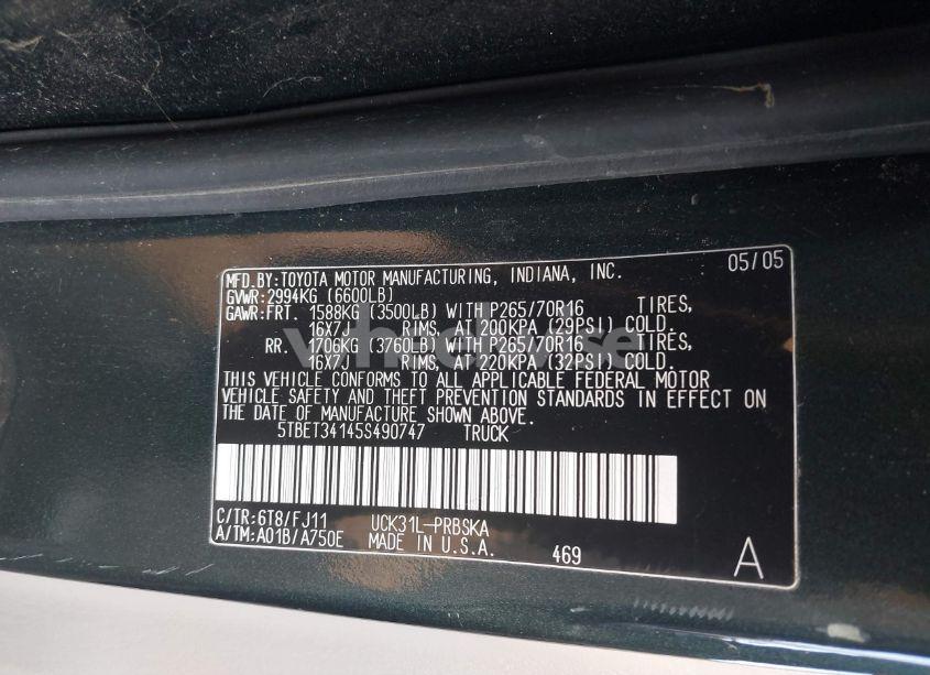 Photo 9 of 2005 Toyota Tundra SR5 V8 (VIN 5TBET34145S490747)