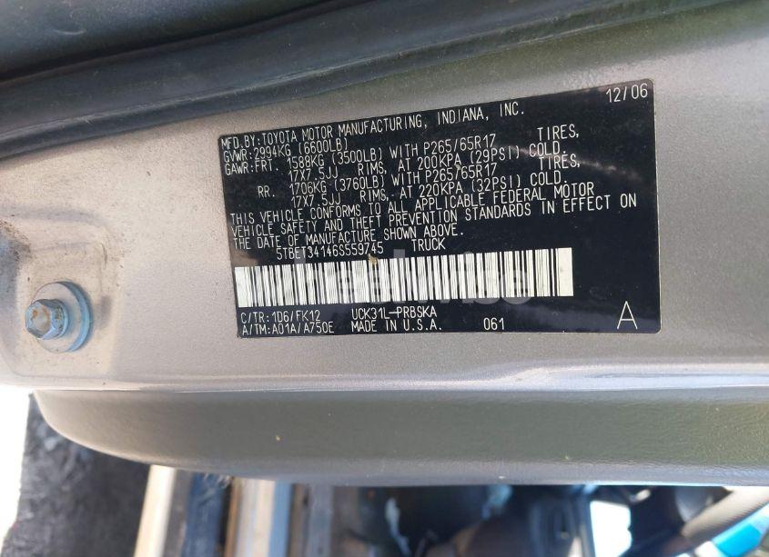 Photo 9 of 2006 Toyota Tundra SR5 V8 (VIN 5TBET34146S559745)