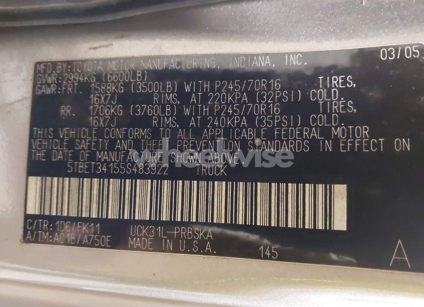 Photo 9 of 2005 Toyota Tundra SR5 V8 (VIN 5TBET34155S483922)
