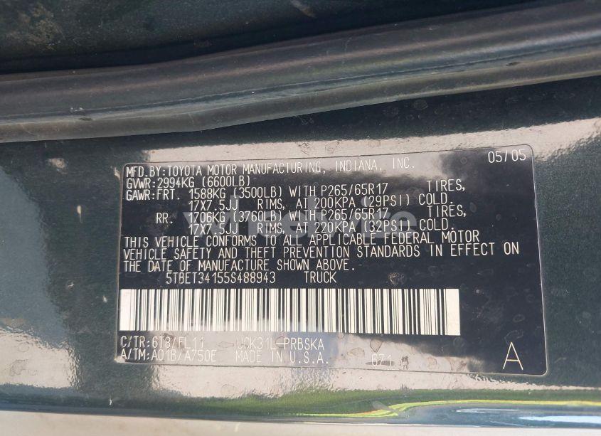 Photo 9 of 2005 Toyota Tundra SR5 V8 (VIN 5TBET34155S488943)