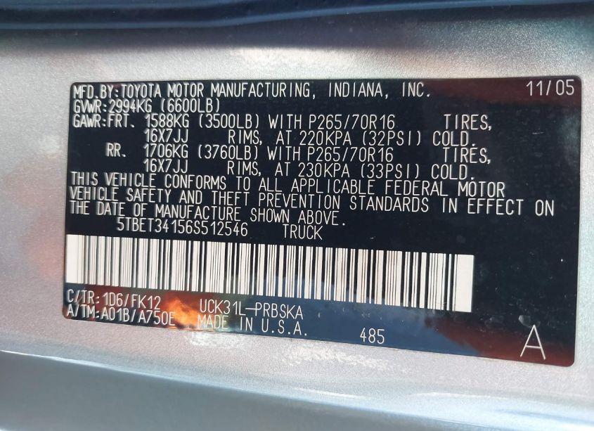 Photo 9 of 2006 Toyota Tundra SR5 V8 (VIN 5TBET34156S512546)