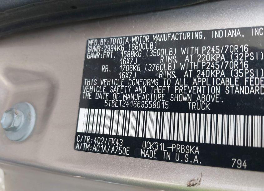 Photo 9 of 2006 Toyota Tundra SR5 V8 (VIN 5TBET34166S558015)