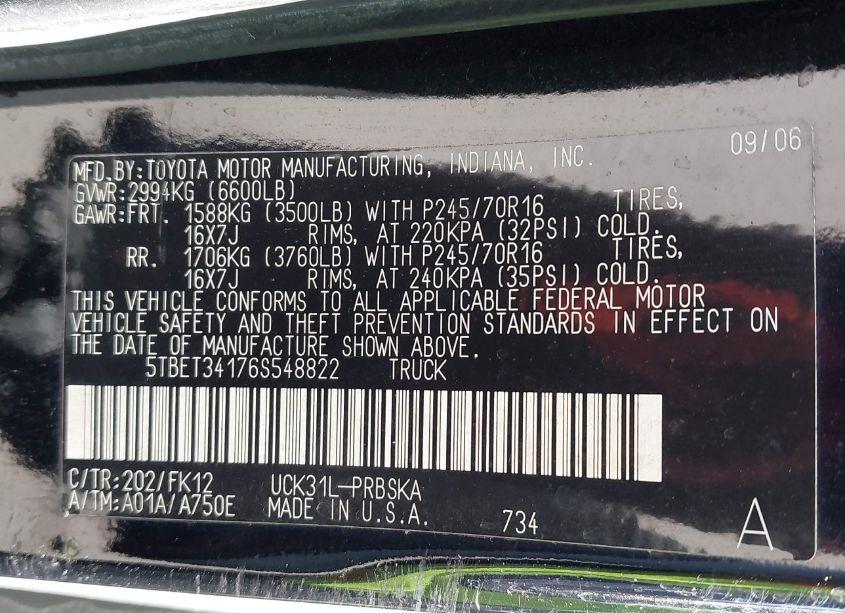 Photo 9 of 2006 Toyota Tundra SR5 V8 (VIN 5TBET34176S548822)