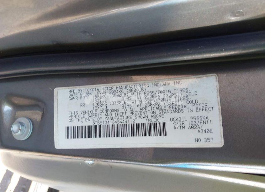 Photo 9 of 2004 Toyota Tundra SR5 V8 (VIN 5TBET34184S444112)