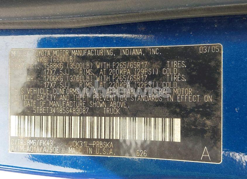 Photo 9 of 2005 Toyota Tundra SR5 V8 (VIN 5TBET34185S483087)