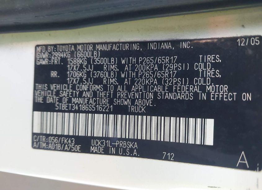 Photo 9 of 2006 Toyota Tundra SR5 V8 (VIN 5TBET34186S516221)