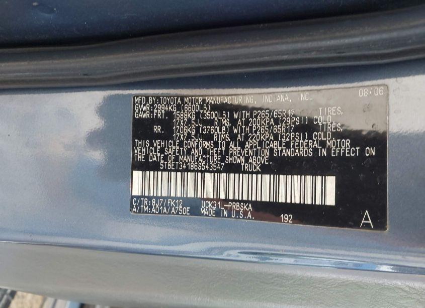 Photo 9 of 2006 Toyota Tundra SR5 V8 (VIN 5TBET34186S543547)