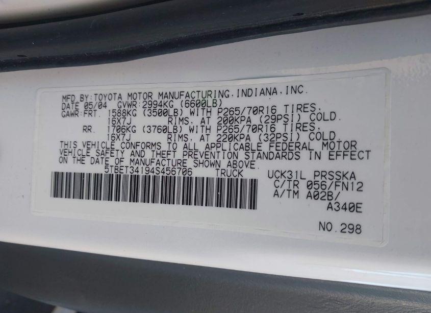 Photo 8 of 2004 Toyota Tundra SR5 V8 (VIN 5TBET34194S456706)