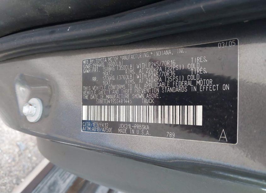 Photo 9 of 2005 Toyota Tundra SR5 V8 (VIN 5TBET34195S481445)