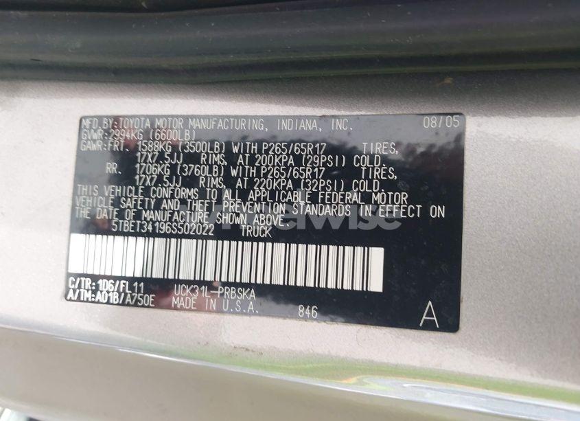 Photo 9 of 2006 Toyota Tundra SR5 V8 (VIN 5TBET34196S502022)