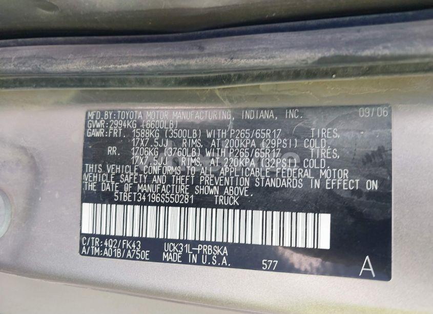 Photo 9 of 2006 Toyota Tundra SR5 V8 (VIN 5TBET34196S550281)