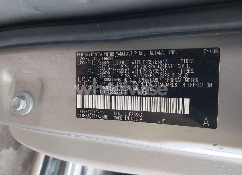 Photo 9 of 2006 Toyota Tundra SR5 V8 (VIN 5TBET341X6S532467)