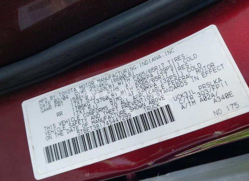 Photo 9 of 2004 Toyota Tundra LIMITED V8 (VIN 5TBET38174S447299)