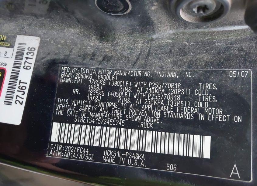Photo 9 of 2007 Toyota Tundra SR5 4.7L V8 (VIN 5TBET54157S455245)