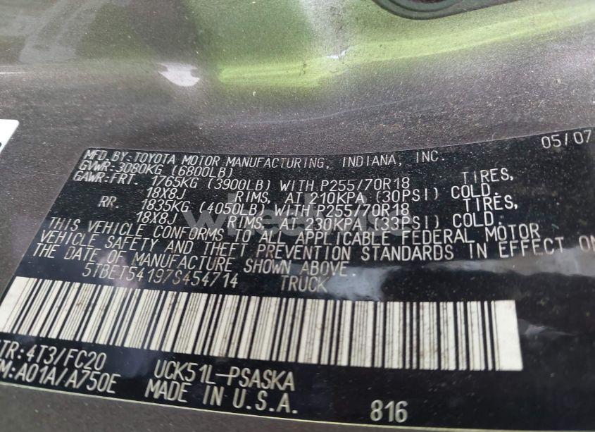 Photo 9 of 2007 Toyota Tundra SR5 4.7L V8 (VIN 5TBET54197S454714)