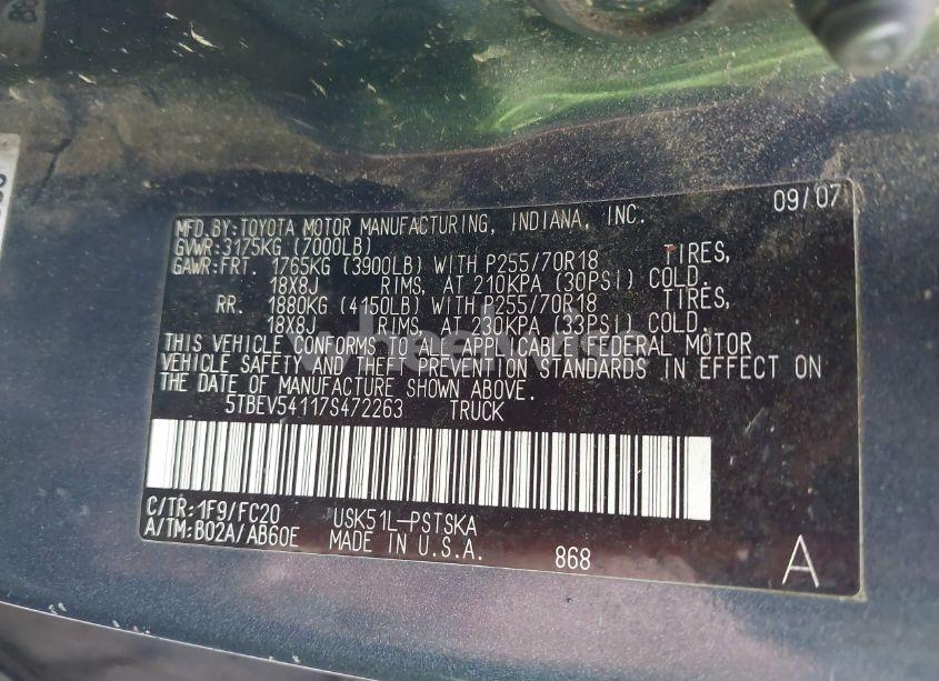 Photo 9 of 2007 Toyota Tundra SR5 5.7L V8 (VIN 5TBEV54117S472263)