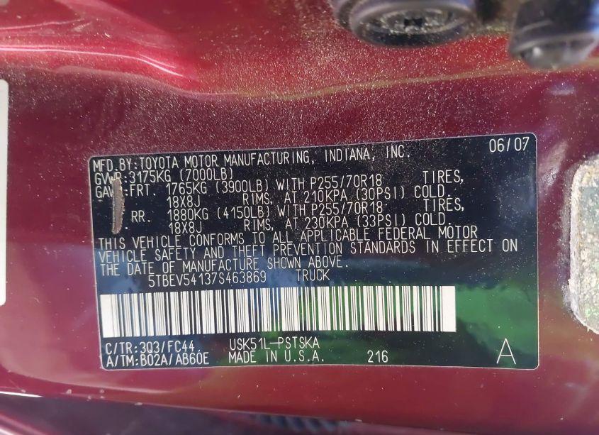 Photo 9 of 2007 Toyota Tundra SR5 5.7L V8 (VIN 5TBEV54137S463869)