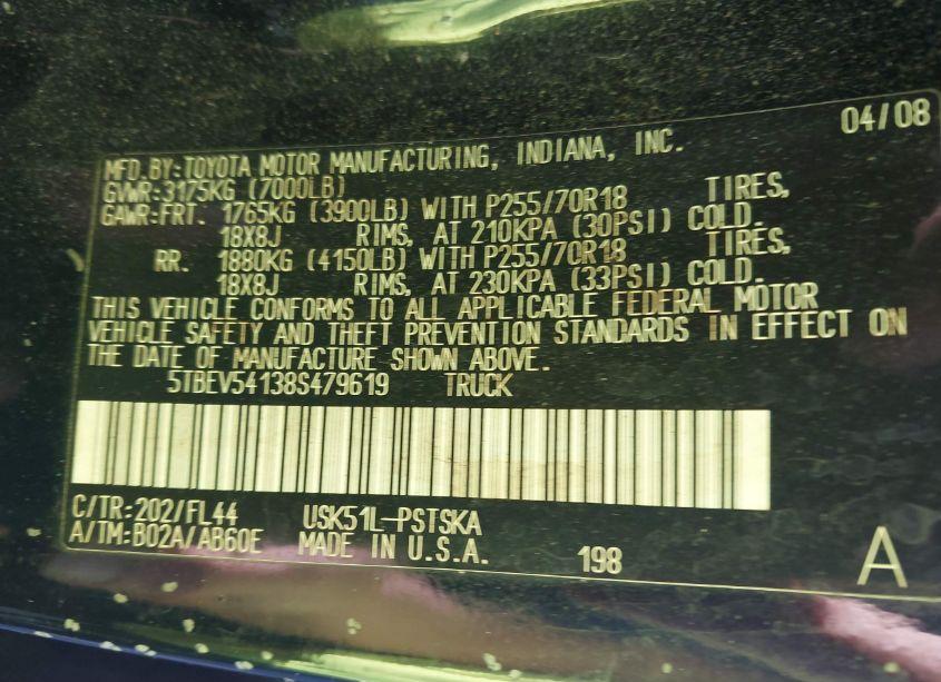 Photo 9 of 2008 Toyota Tundra SR5 5.7L V8 (VIN 5TBEV54138S479619)