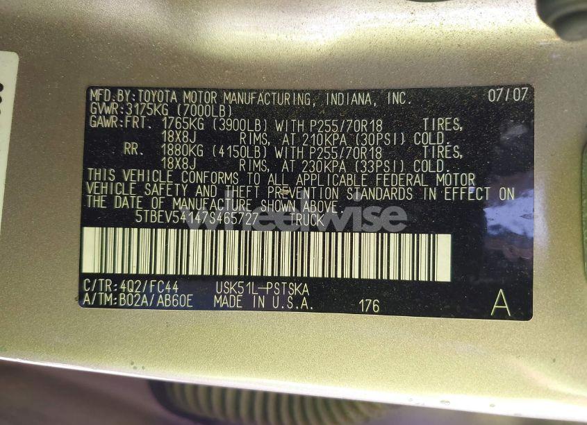 Photo 9 of 2007 Toyota Tundra SR5 5.7L V8 (VIN 5TBEV54147S465727)