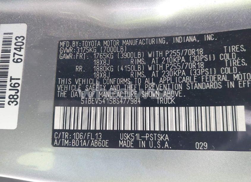 Photo 9 of 2008 Toyota Tundra BASE 5.7L V8 (VIN 5TBEV54158S477984)