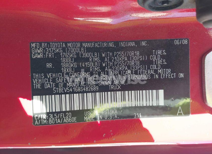 Photo 9 of 2008 Toyota Tundra BASE 5.7L V8 (VIN 5TBEV54168S482689)