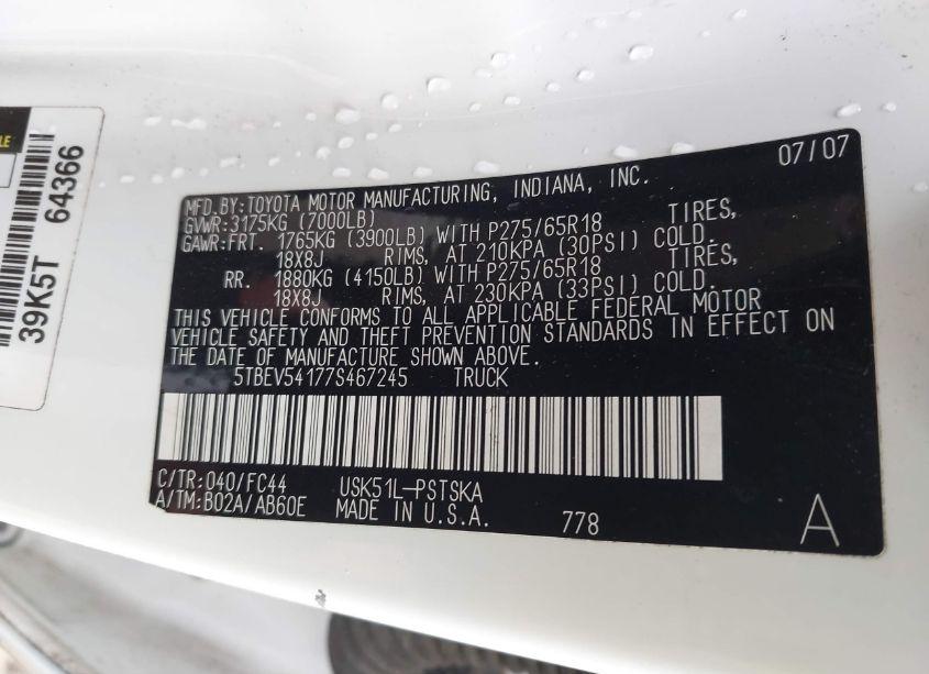 Photo 9 of 2007 Toyota Tundra SR5 5.7L V8 (VIN 5TBEV54177S467245)