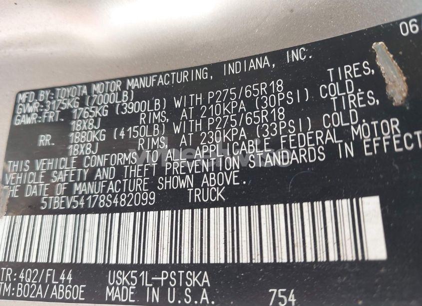 Photo 9 of 2008 Toyota Tundra SR5 5.7L V8 (VIN 5TBEV54178S482099)