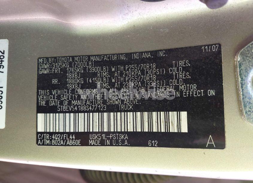 Photo 9 of 2008 Toyota Tundra SR5 5.7L V8 (VIN 5TBEV54188S477123)