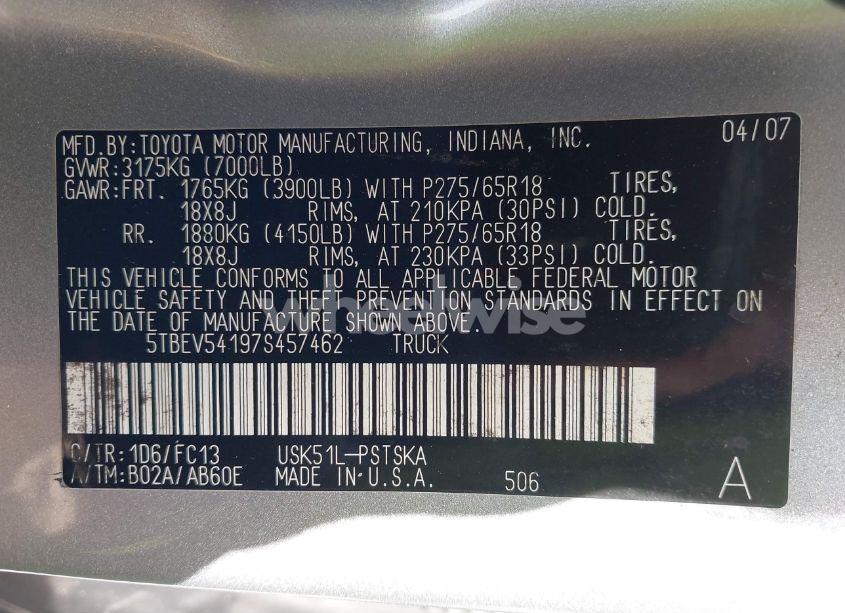 Photo 9 of 2007 Toyota Tundra SR5 5.7L V8 (VIN 5TBEV54197S457462)