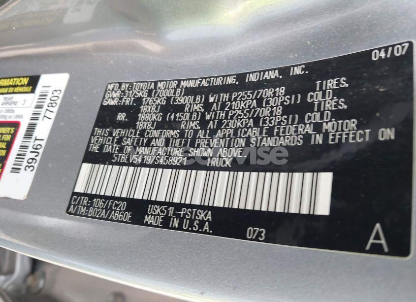 Photo 9 of 2007 Toyota Tundra SR5 5.7L V8 (VIN 5TBEV54197S458921)