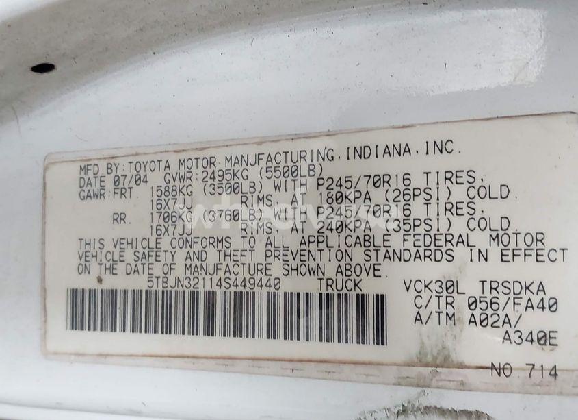 Photo 9 of 2004 Toyota Tundra (VIN 5TBJN32114S449440)