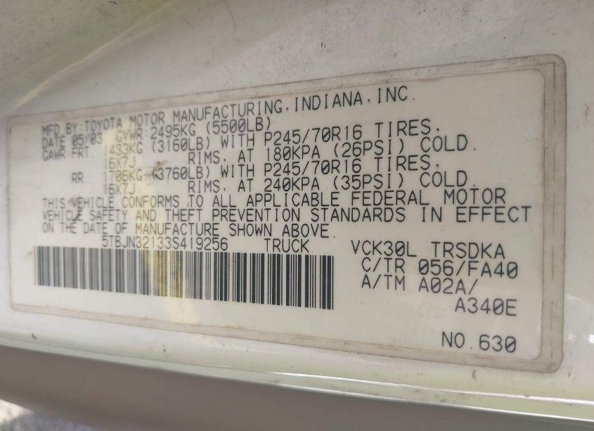 Photo 9 of 2003 Toyota Tundra (VIN 5TBJN32133S419256)