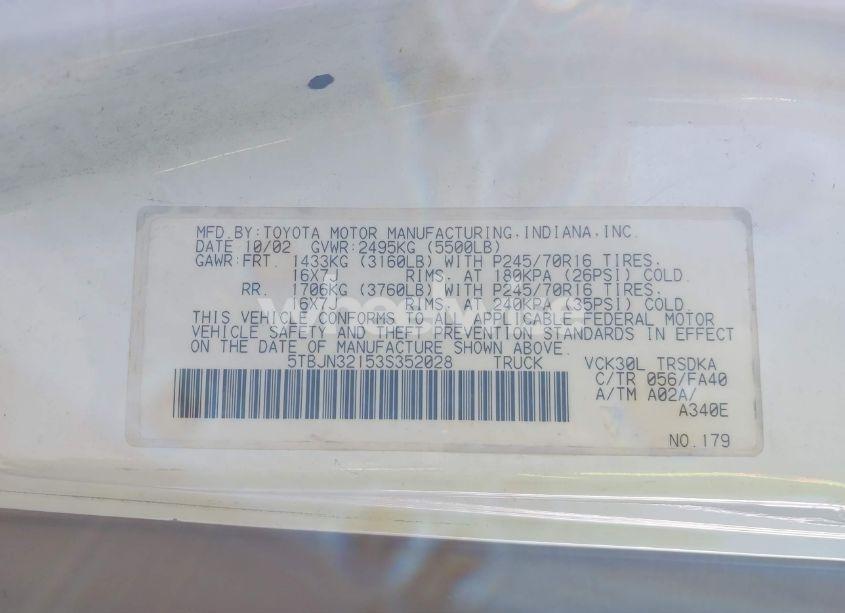 Photo 9 of 2003 Toyota Tundra (VIN 5TBJN32153S352028)