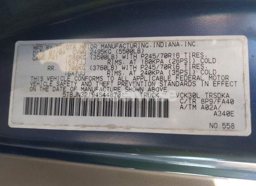 Photo 9 of 2004 Toyota Tundra (VIN 5TBJN32194S448701)