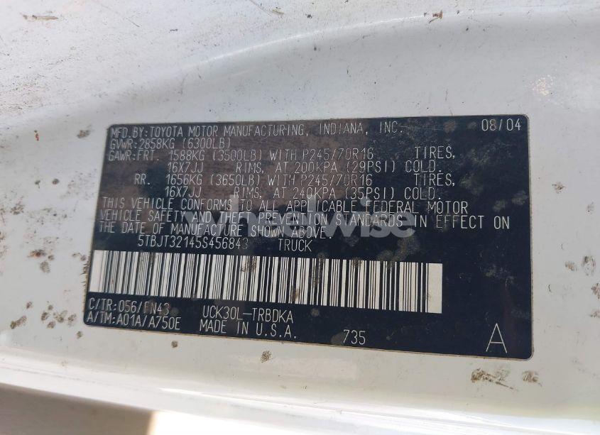 Photo 9 of 2005 Toyota Tundra BASE V8 (VIN 5TBJT32145S456843)