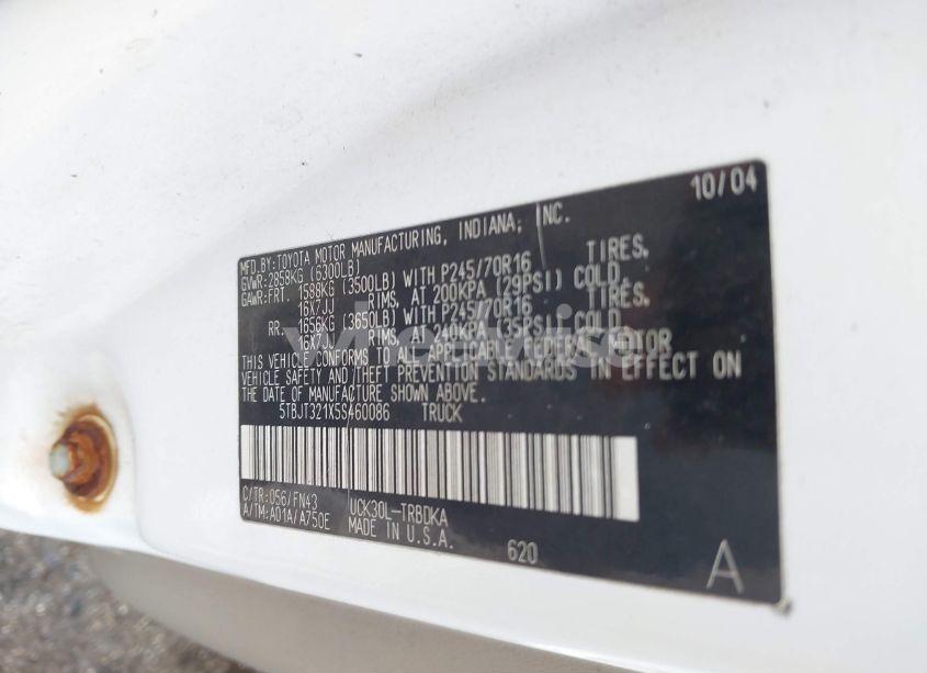 Photo 9 of 2005 Toyota Tundra BASE V8 (VIN 5TBJT321X5S460086)