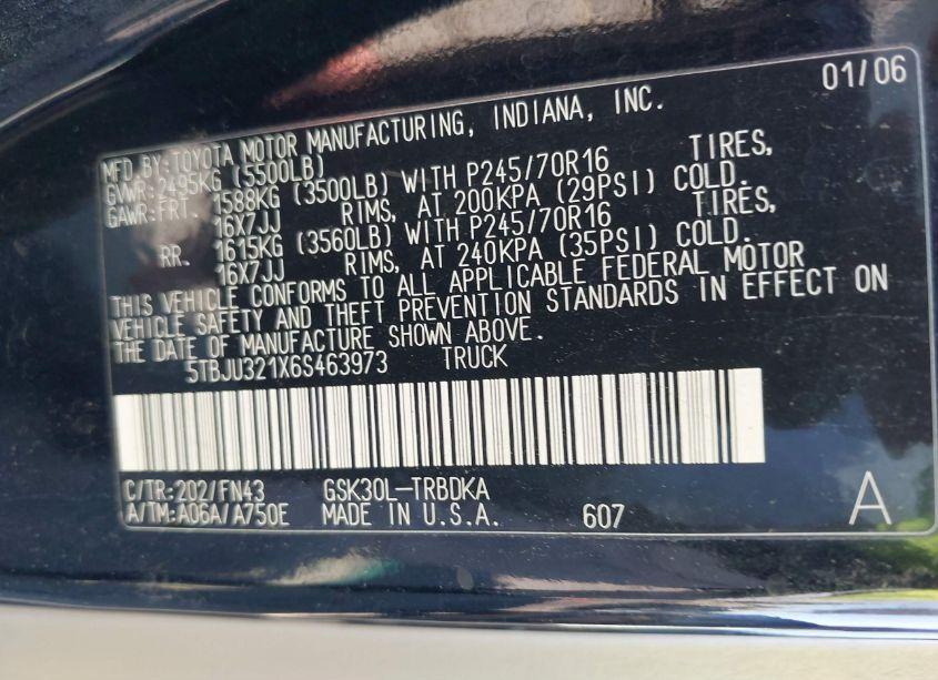 Photo 9 of 2006 Toyota Tundra (VIN 5TBJU321X6S463973)